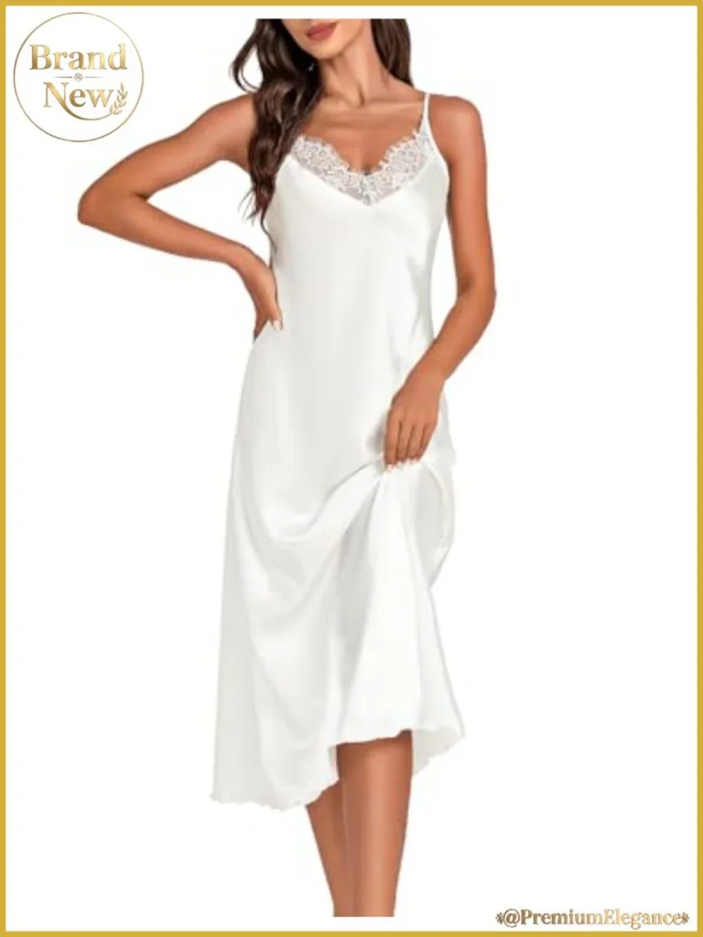 Silk Satin Long Nightgown Lace Trim Chemise Slip Dress